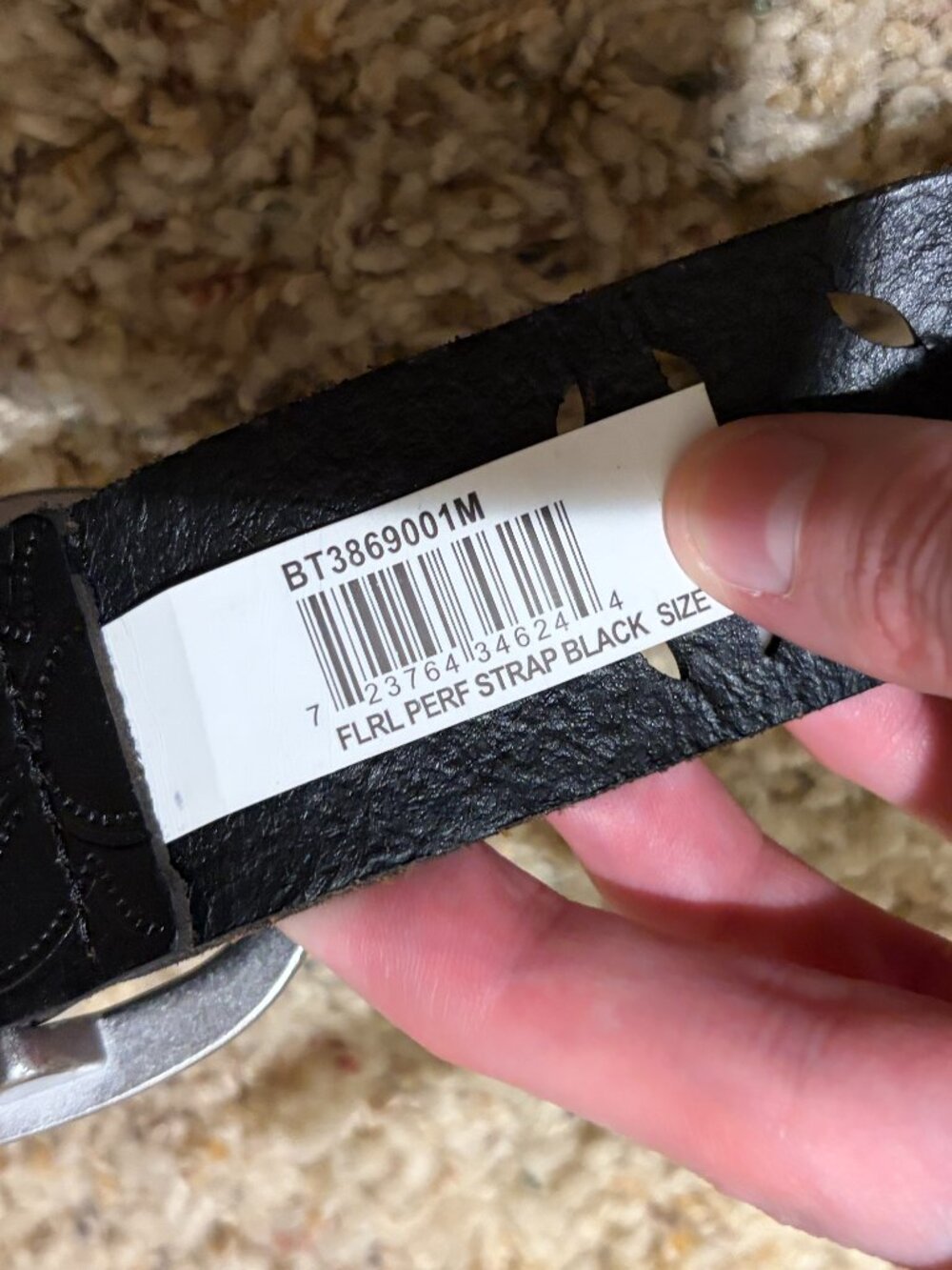 Fossil Floral Perforated Strap Belt Black Silver Buckle - Picture 6 of 14